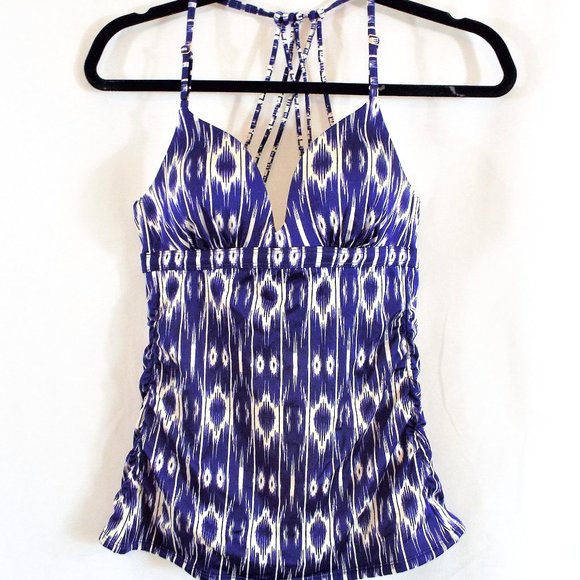 Athleta Navy Blue Auqualux Aztec Print Strappy Swim Tankini Top Size Small - Picture 2 of 7